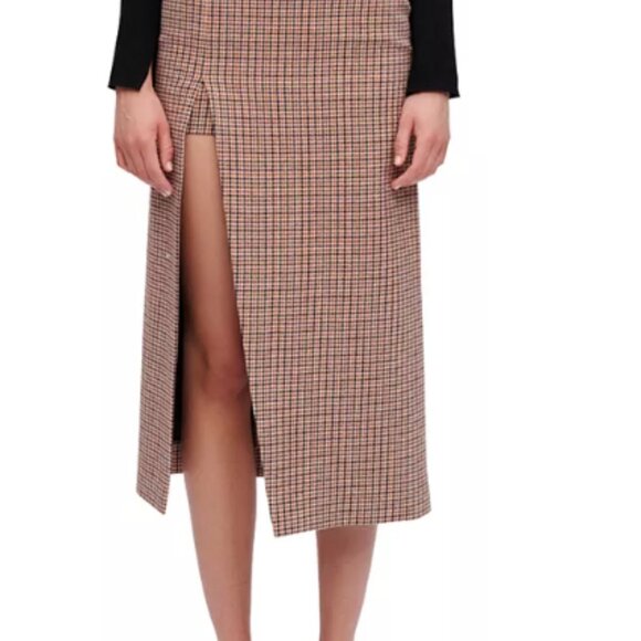 Maje Jaisa Houndstooth Thigh-High Front Slit Midi-Skirt Brown Women's Sz 36 - Picture 7 of 7